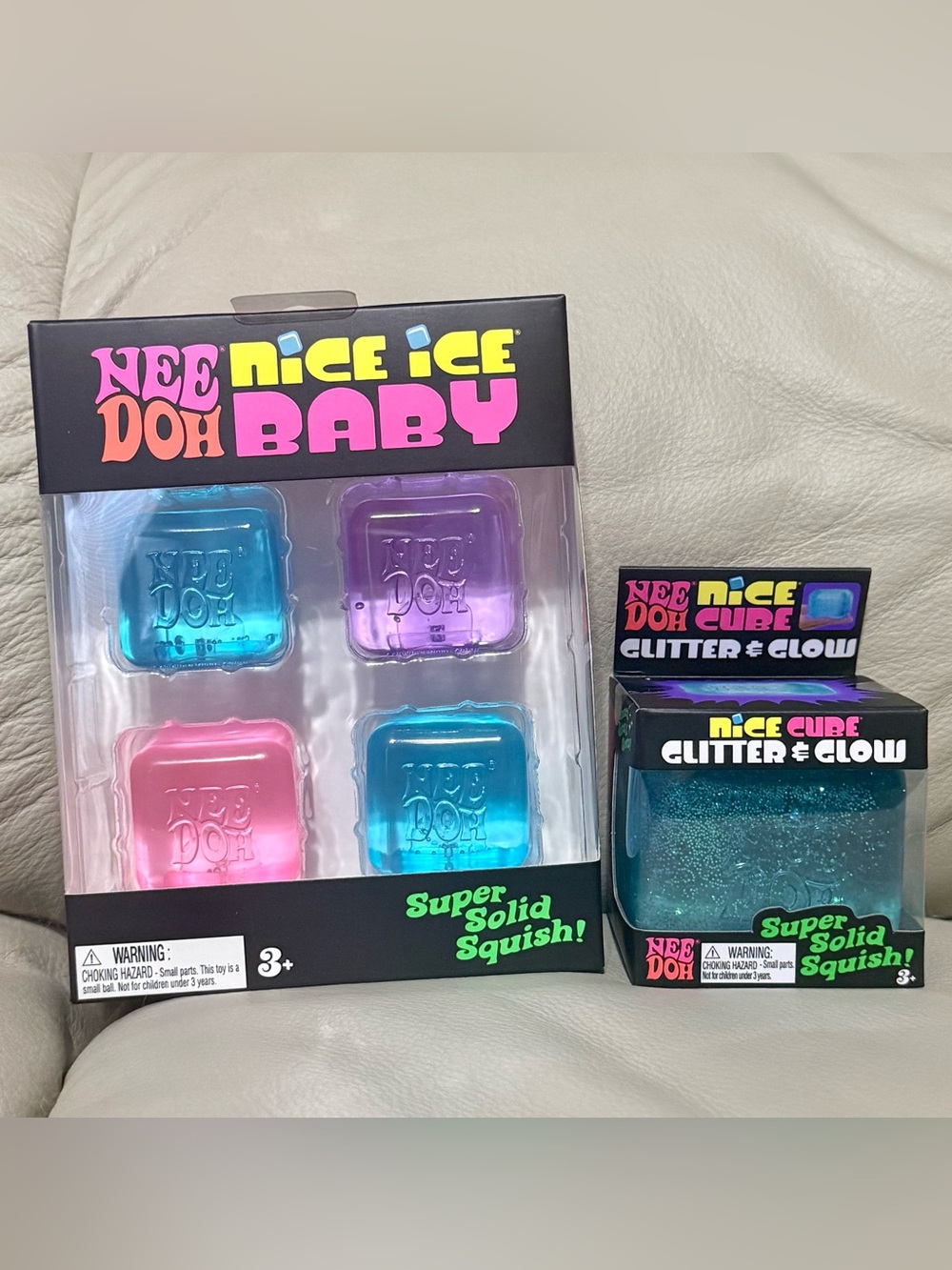 NEW Needoh Nice Ice Baby Cubes 4 Pack & Blue Glitter & Glow Nice Cube Squishy